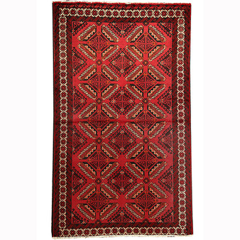 Baluch Persian Rug 6'7" x 3'11" - Semi Antique Mihrab Red, Blue Hand Knotted | front view | SKU 110597