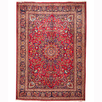 Mashhad Persian Rug 10x8 ft - Semi Antique Shah Abbasi, Medallion (Toranj) Crimson, Navy Blue, Brown Hand Knotted | front view | SKU 110598