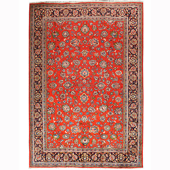 Sarouk Persian Rug 9x6 ft - Semi Antique Afshan (All-Over), Shah Abbasi Red, Navy Blue, Cream Hand Knotted | front view | SKU 110599