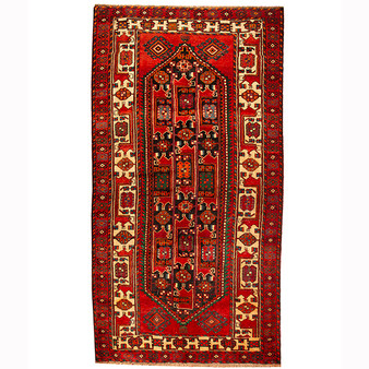 Ferdows Persian Rug 10x5 ft - Semi Antique Mihrab (Prayer), Geometric Madder Red, Cream, Dark Red Hand Knotted | front view | SKU 110646