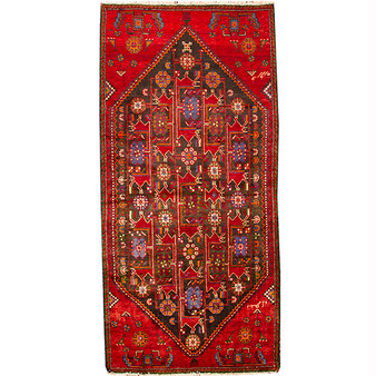 Ferdows Persian Rug 8x3 ft - Semi Antique Geometric, Diamond Lattice Madder Red, Dark Red, Navy Blue Hand Knotted | front view | SKU 110647