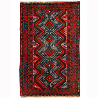 Baluch Persian Rug 4x3 ft - Semi Antique Geometric, Diamond Lattice Dark Red, Black, Cream Hand Knotted | front view | SKU 110648