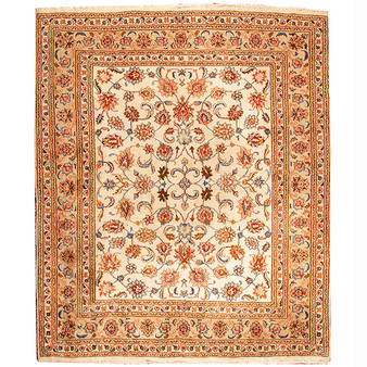 Tabas Persian Rug 7x6 ft - Semi Antique Medallion White, Blue Hand Knotted | front view | SKU 110649