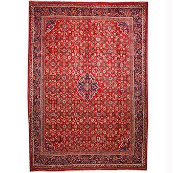 Arak Persian Rug 13'2" x 9'10" - Semi Antique Medallion Crimson, Red Hand Knotted | front view | SKU 110650