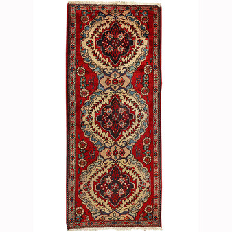 Abadeh Persian Rug 5x2 ft - Semi Antique Medallion (Toranj), Geometric Red, Ivory, Navy Blue Hand Knotted | front view | SKU 110652
