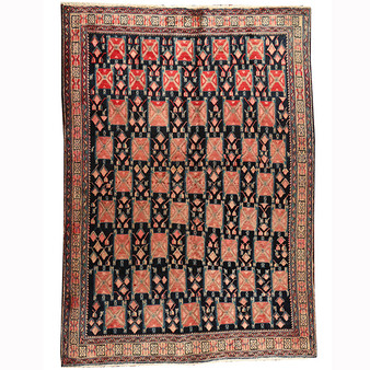 Sirjan Persian Rug 7'3" x 5'2" - Semi Antique Medallion Red, Navy Blue Hand Knotted | front view | SKU 110653