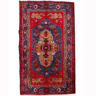 Kurdish Persian Rug 6'11" x 3'11" - Semi Antique Medallion Red, Blue Hand Knotted | front view | SKU 110654