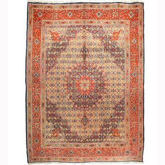 Birjand Persian Rug 9x7 ft - Semi Antique Shah Abbasi, Medallion (Toranj) Madder Red, Cream, Navy Blue Hand Knotted | front view | SKU 110657