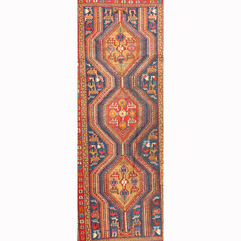 Ardabil Persian Rug 7x3 ft - Semi Antique Medallion (Toranj), Geometric Madder Red, Navy Blue, Cream Hand Knotted | front view | SKU 110661