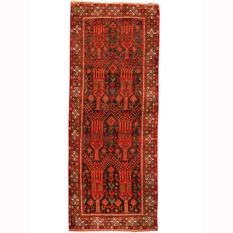 Baluch Persian Rug 9x3 ft - Semi Antique Boteh (Paisley), Geometric Madder Red, Dark Red, Navy Blue Hand Knotted | front view | SKU 110668