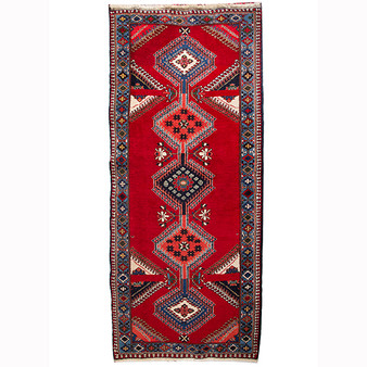 Yalameh Persian Rug 6'7" x 2'9" - Semi Antique Medallion Crimson, Navy Blue Hand Knotted | front view | SKU 110672