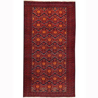 Baluch Persian Rug 5x2 ft - Semi Antique Geometric, Diamond Lattice Dark Red, Madder Red, Navy Blue Hand Knotted | front view | SKU 110674
