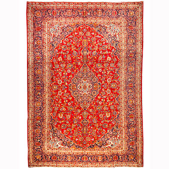 Kashan Persian Rug 12x8 ft - Semi Antique Medallion Crimson, Navy Blue Hand Knotted | front view | SKU 110990