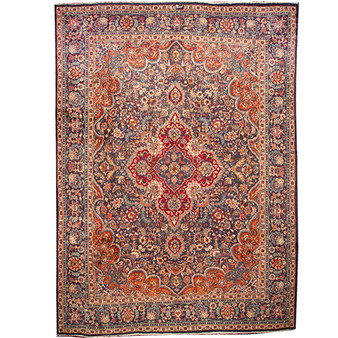 Kashmar Persian Rug 12'12" x 9'8" - Semi Antique Afshan Crimson, Ivory Hand Knotted | front view | SKU 110993