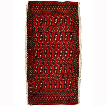 Turkmen Persian Rug 4'3" x 1'12" - Semi Antique Geometric Crimson, Navy Blue Hand Knotted | front view | SKU 110995