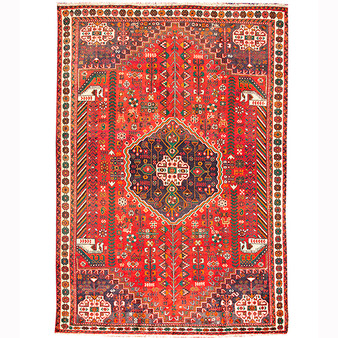 Shiraz Persian Rug 9x6 ft - Semi Antique Geometric Blue, Red Hand Knotted | front view | SKU 111042