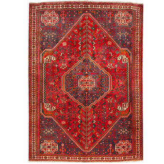 Shiraz Persian Rug 9x6 ft - Semi Antique Geometric Blue, Red Hand Knotted | front view | SKU 111043