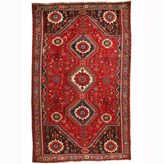 Shiraz Persian Rug 9x6 ft - Semi Antique Geometric Blue, Red Hand Knotted | front view | SKU 111044