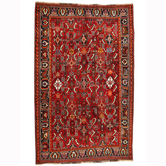 Shiraz Persian Rug 8x5 ft - Semi Antique Afshan (All-Over), Geometric Madder Red, Dark Red, Navy Blue Hand Knotted | front view | SKU 111046