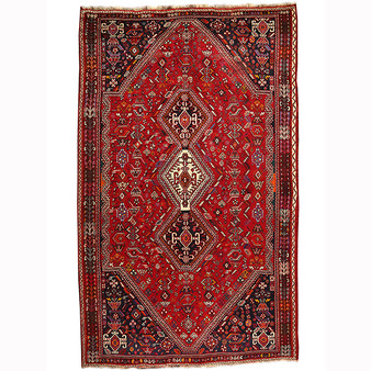 Shiraz Persian Rug 10x6 ft - Semi Antique Geometric Blue, Red Hand Knotted | front view | SKU 111047