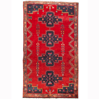 Saveh Persian Rug 7x4 ft - Semi Antique Medallion Red, Brown Hand Knotted | front view | SKU 111121