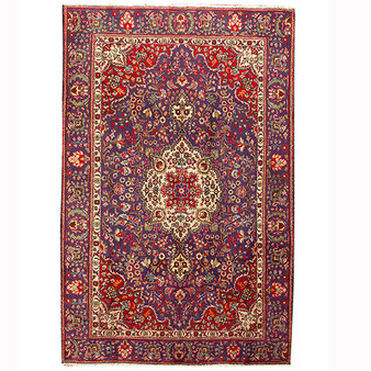 Tabriz Persian Rug 9'8" x 6'4" - Semi Antique Medallion Red, Cream Hand Knotted | front view | SKU 110410