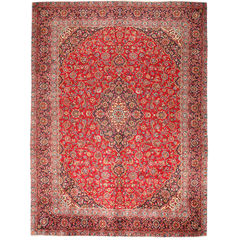 Kashan Persian Rug 12x9 ft - Semi Antique Medallion Crimson, Navy Blue Hand Knotted | front view | SKU 110001