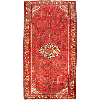 Hosseinabad Persian Rug 10'8" x 5'5" - Semi Antique Medallion Crimson, Ivory Hand Knotted | front view | SKU 110002