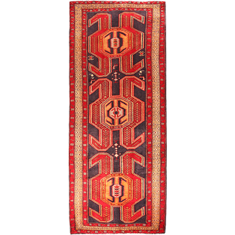 Ardabil Persian Rug 10x4 ft - Semi Antique Geometric, Gol Farang Red, Burgundy, Navy Blue Hand Knotted | front view | SKU 110023