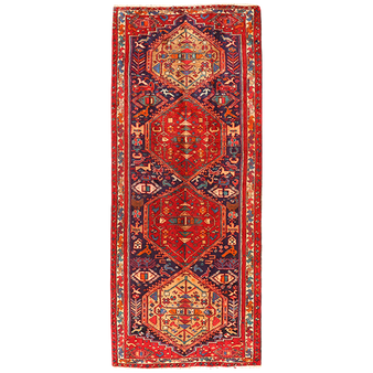 Meshkin Persian Rug 9x3 ft - Semi Antique Geometric Crimson, Green Hand Knotted | front view | SKU 110037