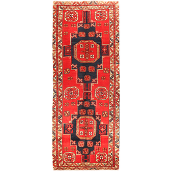 Meshkin Persian Rug 12'6" x 4'4" - Semi Antique Geometric Crimson, Green Hand Knotted | front view | SKU 110042