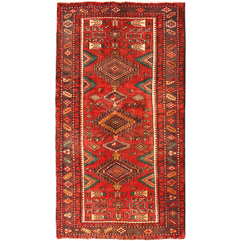Ahar Persian Rug 7'9" x 3'11" - Semi Antique Medallion Red, Beige Hand Knotted | front view | SKU 110045