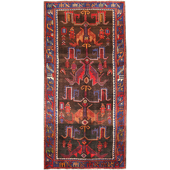 Nahavand Persian Rug 10x4 ft - Semi Antique Medallion Navy Blue, Red Hand Knotted | front view | SKU 110110