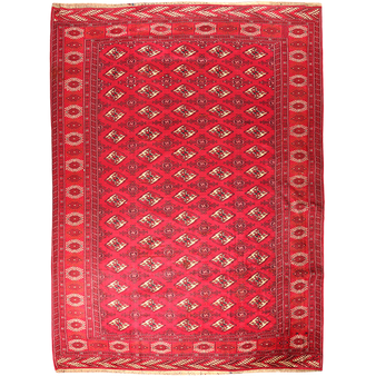 Turkmen Persian Rug 10'5" x 6'11" - Semi Antique Geometric Crimson, Navy Blue Hand Knotted | front view | SKU 110123