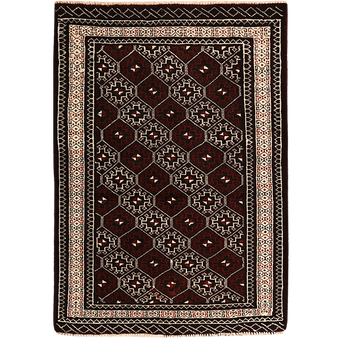 Turkmen Persian Rug 3'10" x 2'8" - Semi Antique Geometric Crimson, Navy Blue Hand Knotted | front view | SKU 110137