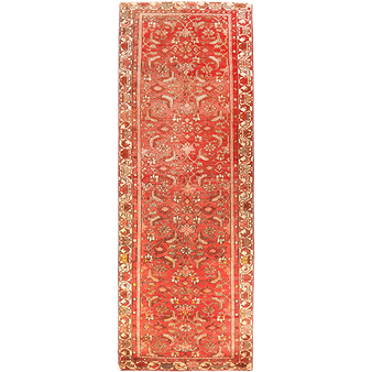 Hamadan Persian Rug 10x3 ft - Semi Antique Afshan All-Over, Shah Abbasi Madder Red, Cream, Ivory Hand Knotted | front view | SKU 110200
