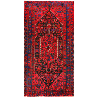 Zanjan Persian Rug 10'2" x 5'2" - Semi Antique Medallion Navy Blue, Crimson Hand Knotted | front view | SKU 110296