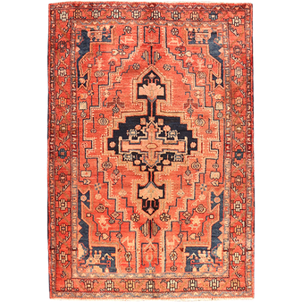 Zanjan Persian Rug 6x4 ft - Semi Antique Medallion Navy Blue, Crimson Hand Knotted | front view | SKU 110297