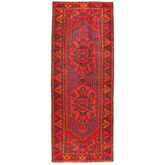 Gholtogh Persian Rug 9'11" x 3'5" - Semi Antique Medallion Crimson, Navy Blue Hand Knotted | front view | SKU 110298