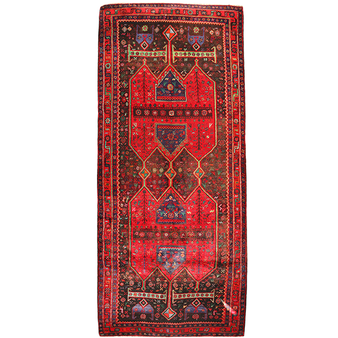 Kurdish Persian Rug 12x4 ft - Semi Antique Geometric, Diamond Lattice Madder Red, Dark Red, Navy Blue Hand Knotted | front view | SKU 110319