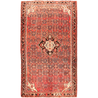 Hosseinabad Persian Rug 9'8" x 5'3" - Semi Antique Medallion Crimson, Ivory Hand Knotted | front view | SKU 110365