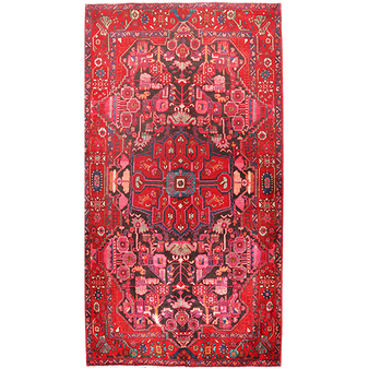 Nahavand Persian Rug 10x5 ft - Semi Antique Medallion Toranj Herati Mahi Madder Red Crimson Navy Blue Hand Knotted | front view | SKU 110367