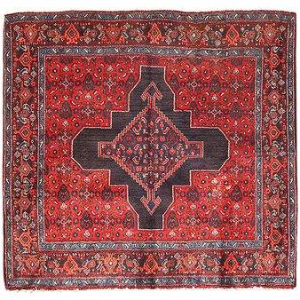 Senneh Persian Rug 4x3 ft - Semi Antique Medallion (Toranj), Herati (Mahi) Crimson, Dark Red, Navy Blue Hand Knotted | front view | SKU 110391
