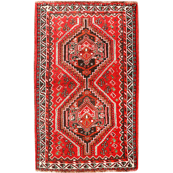 Shiraz Persian Rug 4x2 ft - Semi Antique Geometric Blue, Red Hand Knotted | front view | SKU 110471