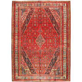 Hamadan Persian Rug 10x7 ft - Semi Antique Medallion (Toranj), Herati (Mahi) Red, Dark Red, Cream Hand Knotted | front view | SKU 110508