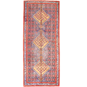 Ardabil Persian Rug 10x4 ft - Semi Antique Medallion Brick Red, Navy Blue, Cream Hand Knotted | front view | SKU 110539