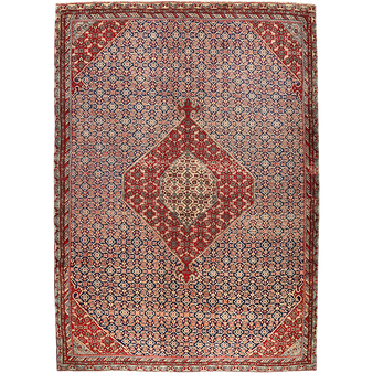 Ardabil Persian Rug 8x6 ft - Semi Antique Medallion (Toranj), Herati (Mahi) Cream, Madder Red, Navy Blue Hand Knotted | front view | SKU 110541