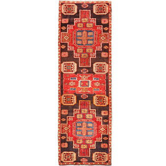 Ardabil Persian Rug 9x3 ft - Semi Antique Medallion Turquoise, White Hand Knotted | front view | SKU 110542