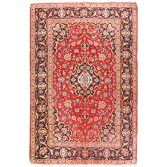 Kashan Persian Rug 6'8" x 4'4" - Semi Antique Medallion Crimson, Navy Blue Hand Knotted | front view | SKU 110667