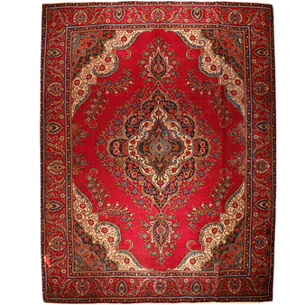 Tabriz Persian Rug 12'8" x 9'10" - Semi Antique Medallion Red, Cream Hand Knotted | front view | SKU 110992
